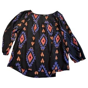 Lucky Brand Blouse LARGE Aztec Native American Tribal Print Top Southwest Shirt